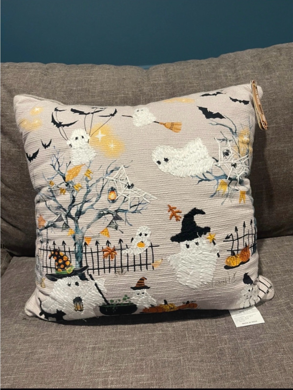 Envogue Beige Halloween Ghost Embroidered Accent Pillow
